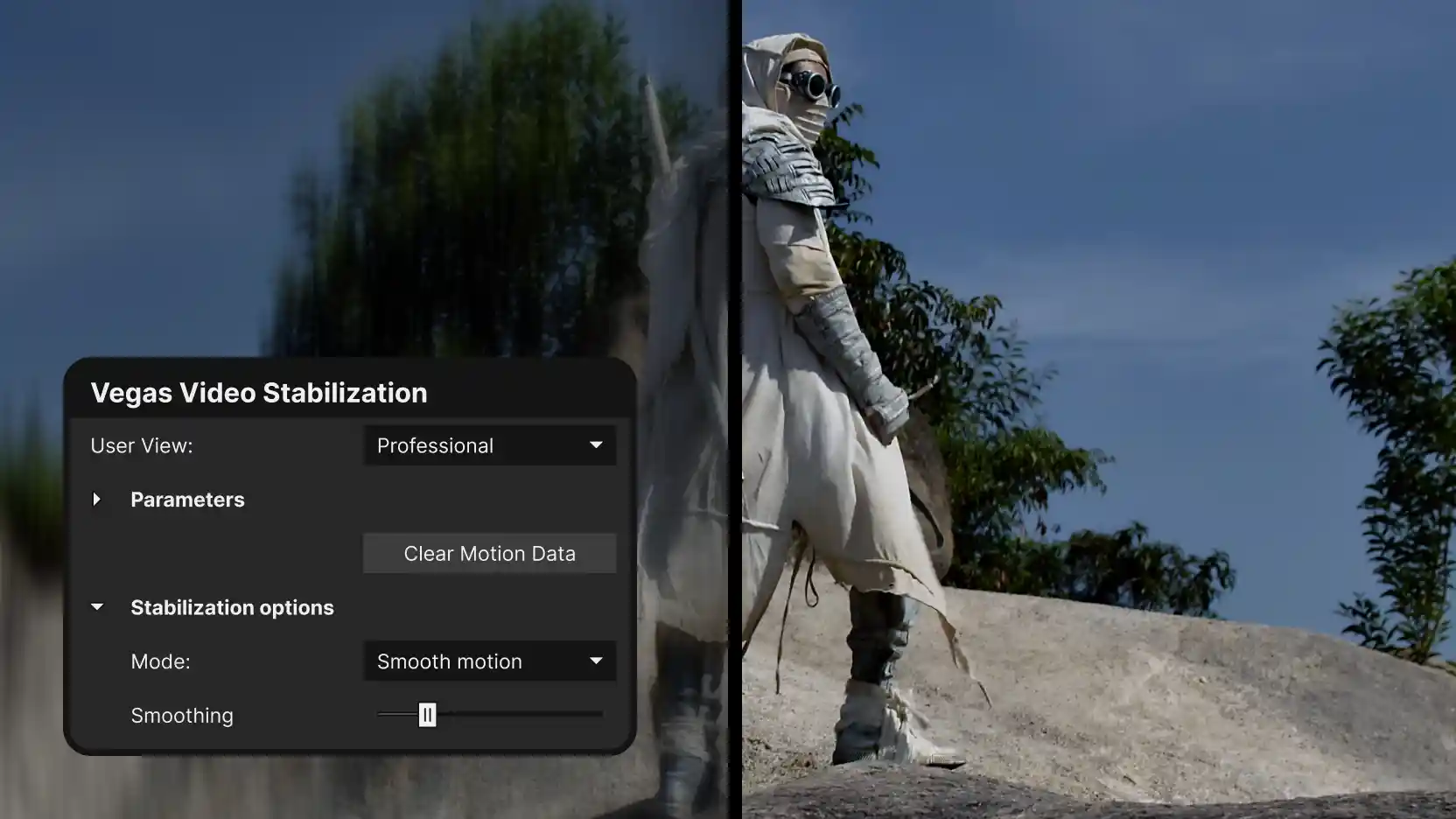 Split-screen of a person in white armor on a rock, blurred and unstabilized on the left and sharp on the right, with a Vegas Video Stabilization panel (Professional view, Smooth motion).