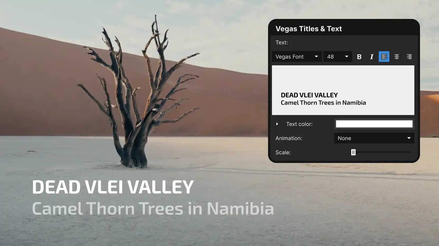 Dead Vlei desert scene with a lone dead camel thorn tree, the title 'DEAD VLEI VALLEY / Camel Thorn Trees in Namibia' and a Vegas Titles & Text settings panel.