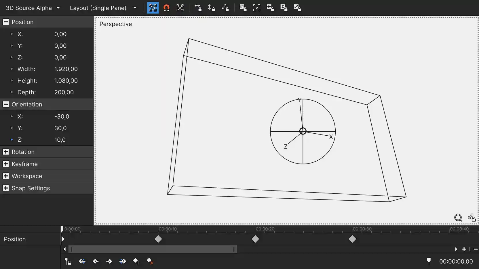 3D Source Alpha track-motion window with a perspective wireframe plane and X/Y/Z rotation gizmo, Position/Orientation values (1920x1080, depth 200) and Position keyframes below.