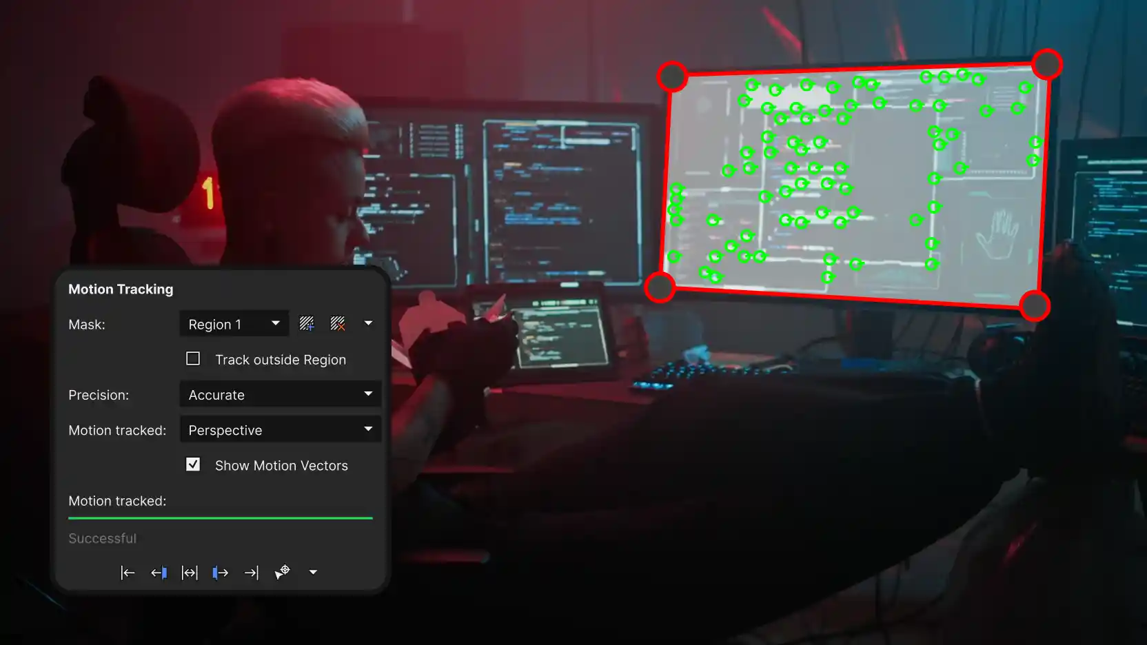 Dim red-lit room with a person at multiple monitors, one screen tracked by a red planar region with green motion-vector points, plus a Motion Tracking panel (Region 1, Accurate, Perspective).