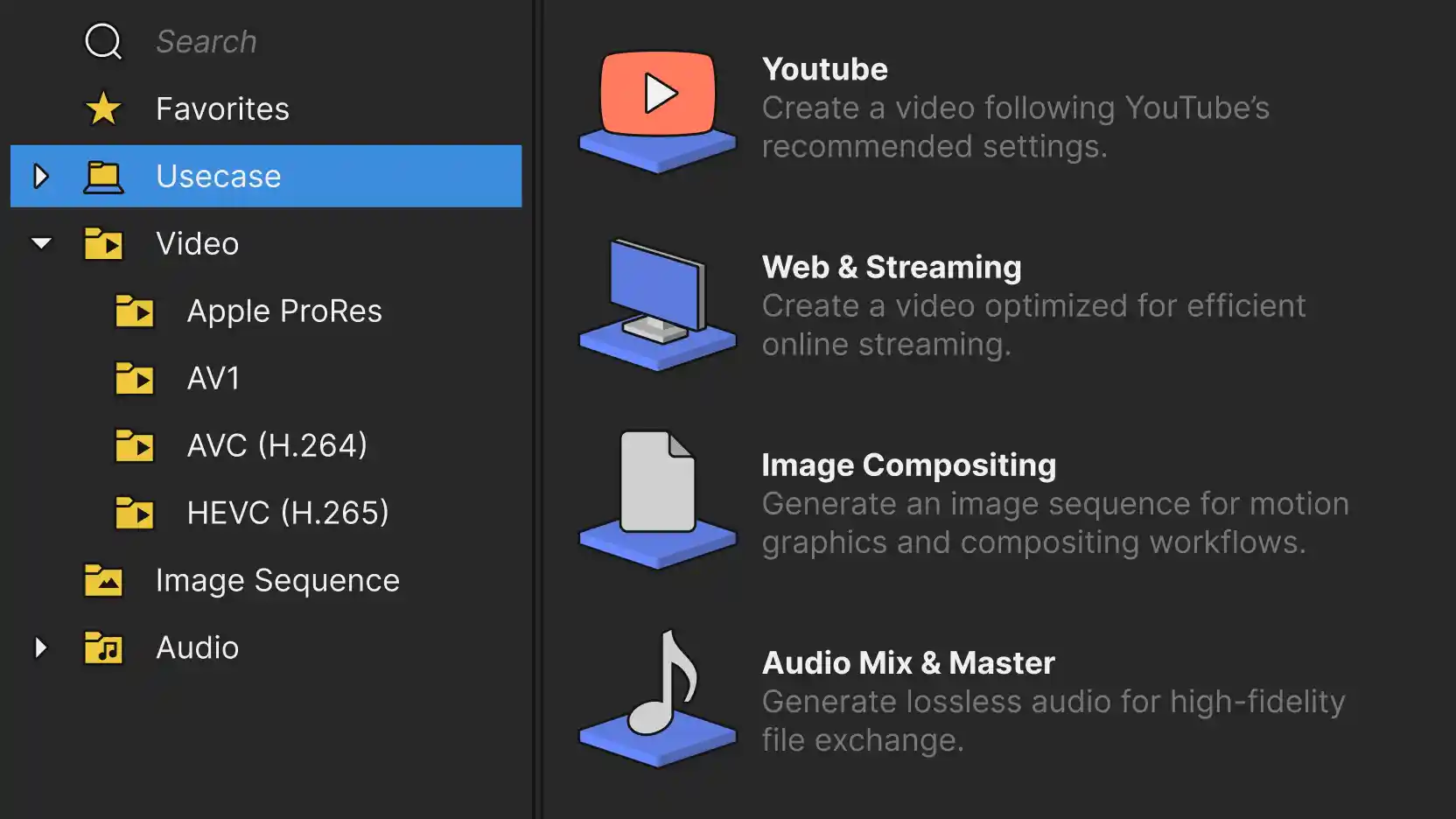 Render dialog with a Usecase sidebar (Favorites, Video formats like Apple ProRes/AV1/AVC/HEVC, Image Sequence, Audio) and presets for YouTube, Web & Streaming, Image Compositing and Audio Mix & Master.