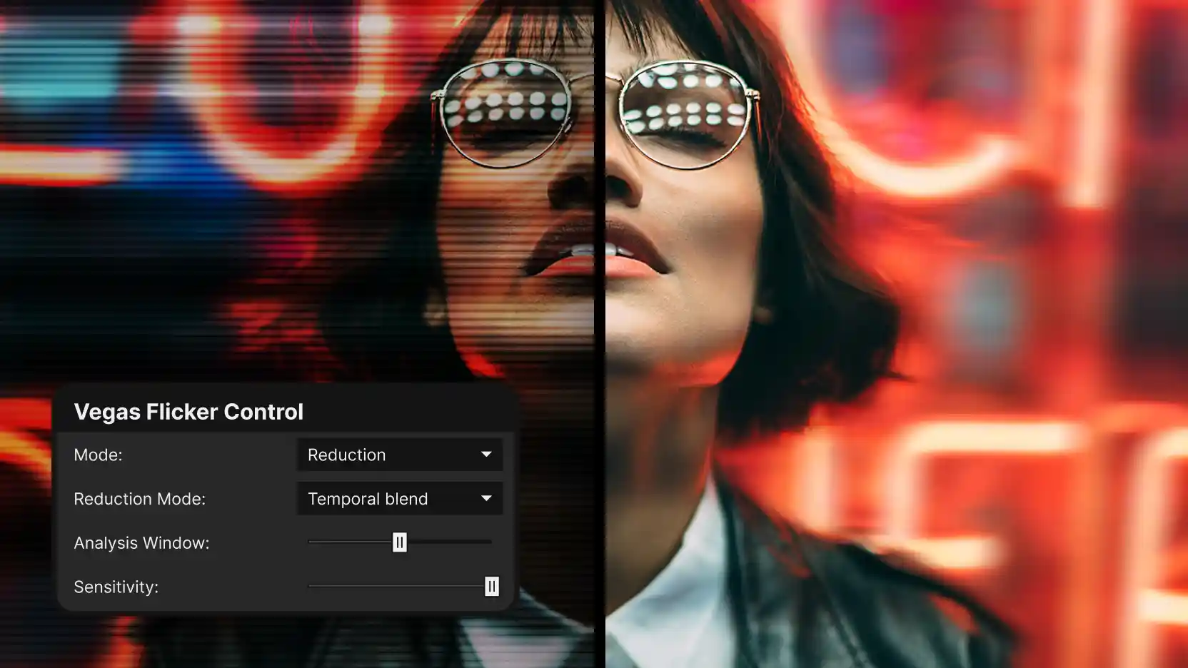 Split-screen of a woman in mirrored sunglasses in front of red neon signs; left half shows horizontal flicker banding, right half clean, with a 'Vegas Flicker Control' panel (Mode, Reduction Mode, Analysis Window, Sensitivity).