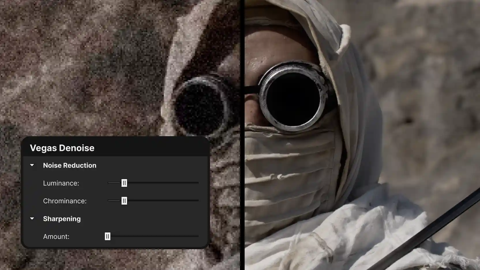 Split-screen of a person in goggles and a hooded face covering against rocks; left half grainy and noisy, right half clean, with a 'Vegas Denoise' panel (Noise Reduction luminance/chrominance sliders, Sharpening amount) at lower left.