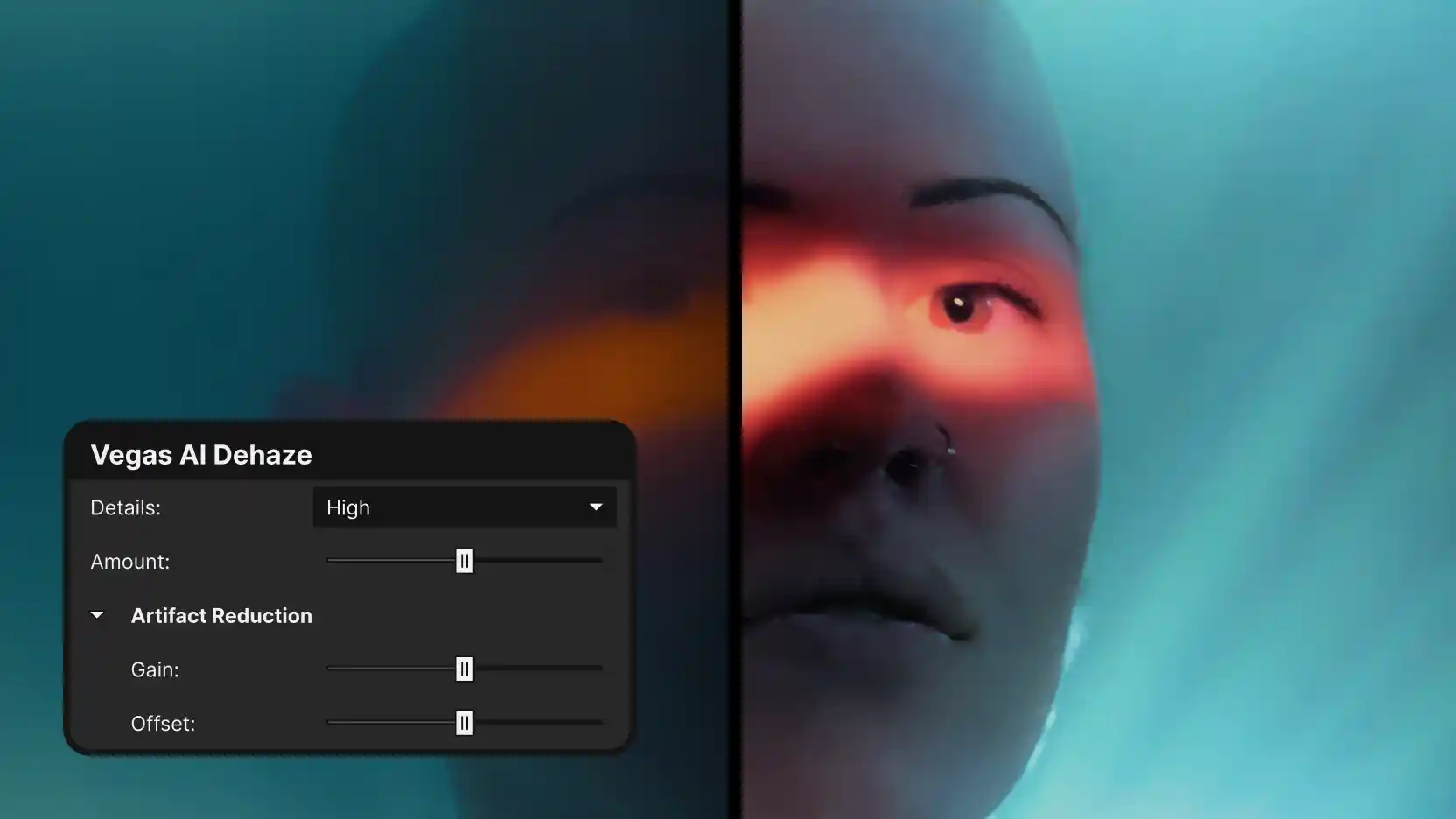 Split-screen of a woman's face lit by a red light beam against teal haze; left half hazy, right half clear, with a 'Vegas AI Dehaze' panel (Details: High, Amount, Artifact Reduction gain/offset).