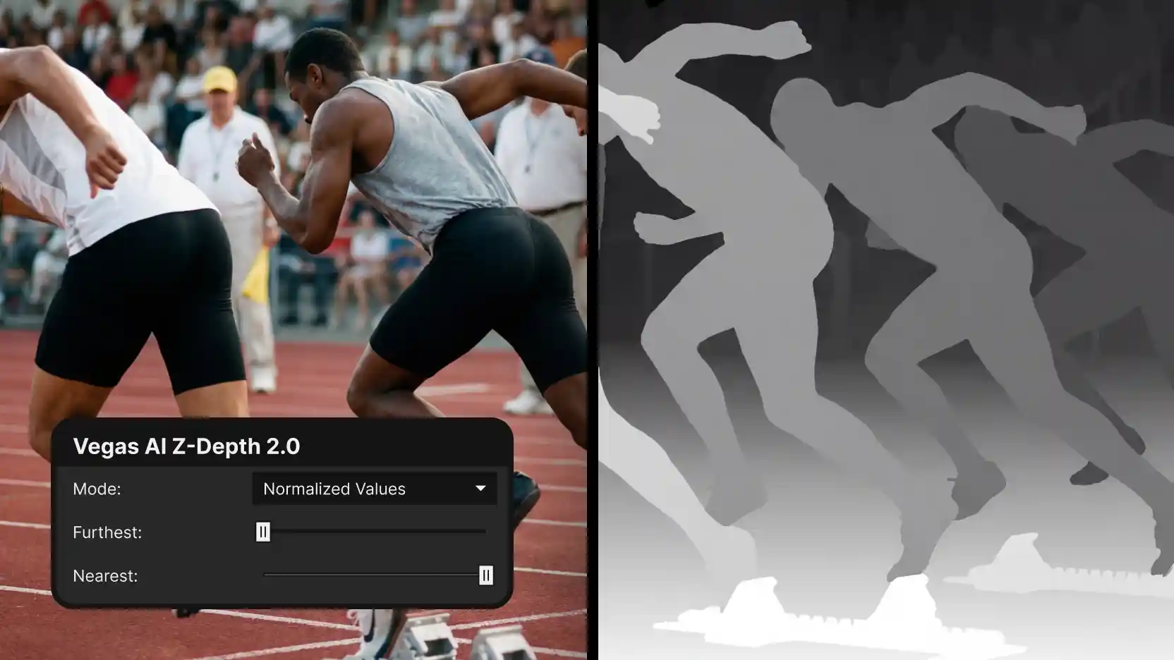 Split-screen of sprinters at the starting blocks with large numbered '5' and '4' circles; right half a grayscale depth map with dashed numbered circles 3, 2, 1, and a 'Vegas AI Z-Depth 2.0' panel (Mode: Normalized Values, Furthest, Nearest).