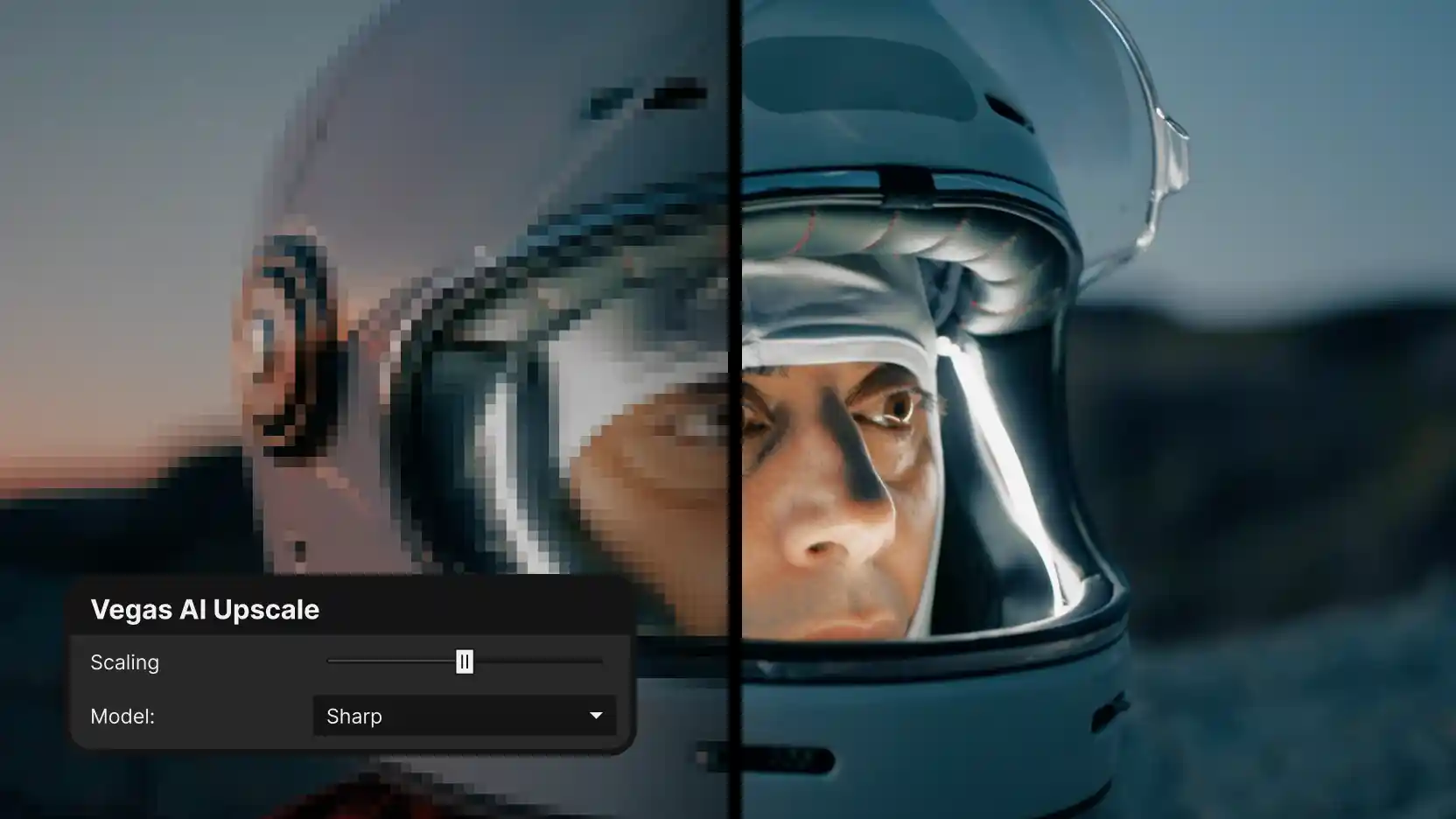 Split-screen of an astronaut in a reflective helmet at dusk; left half pixelated low resolution, right half sharp upscaled, with a 'Vegas AI Upscale' panel (Scaling slider, Model: Sharp).