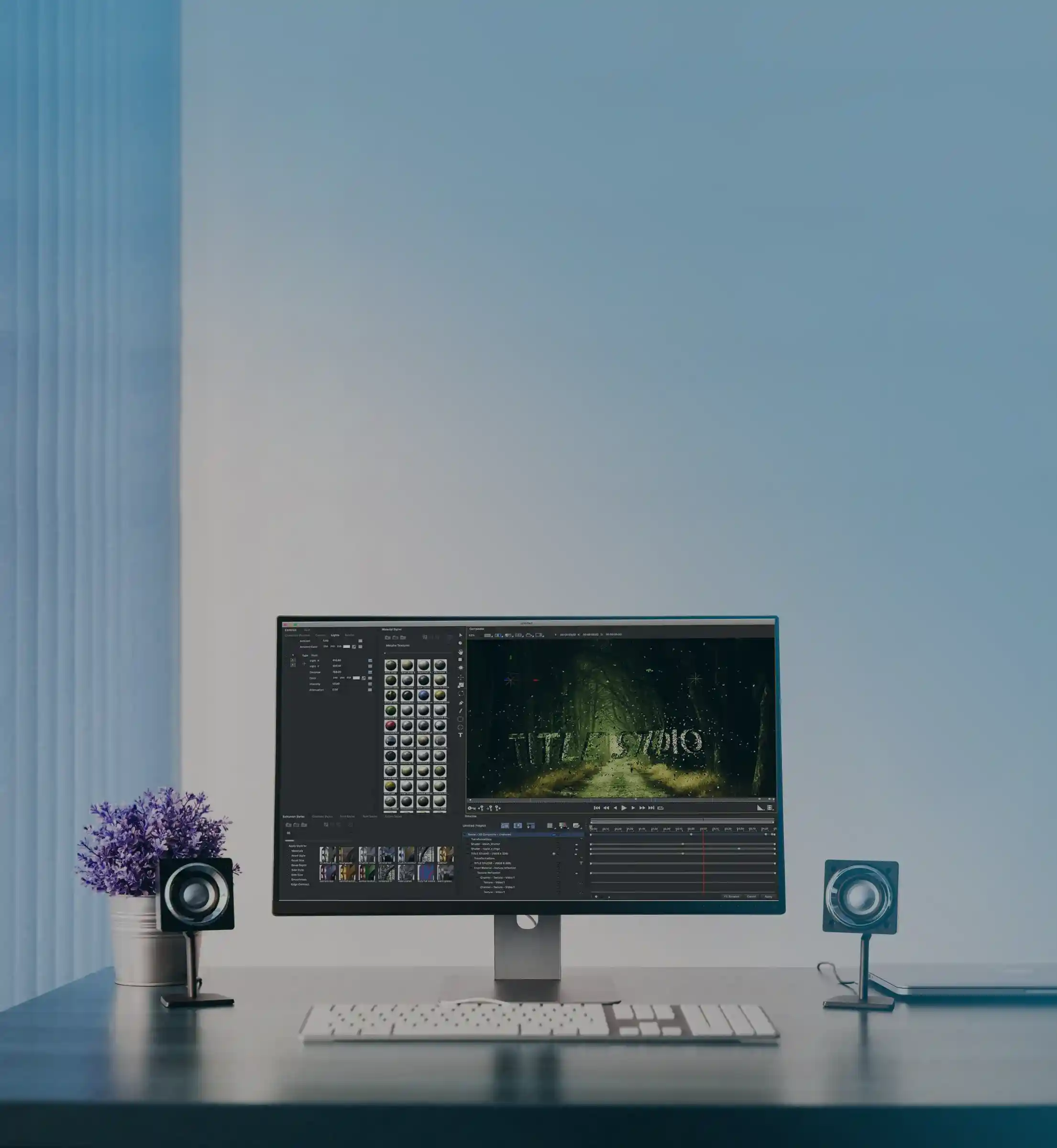 Monitor running Continuum with a preset thumbnail grid and a misty forest-road title preview, in a pale blue room with a lavender plant.