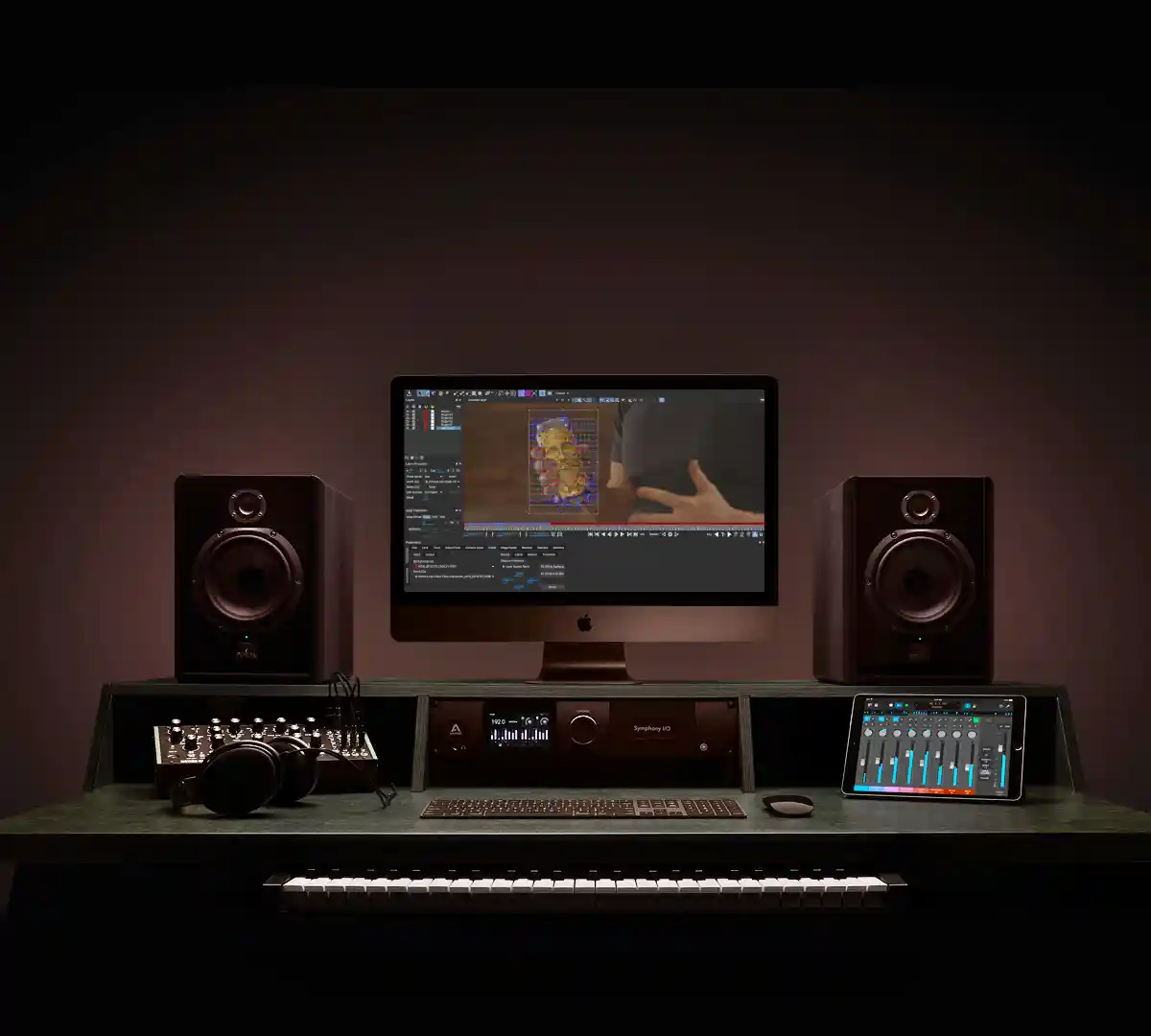 iMac running Mocha Pro tracking a hand in a video frame, flanked by studio speakers on a desk with audio gear, headphones and a tablet mixer.