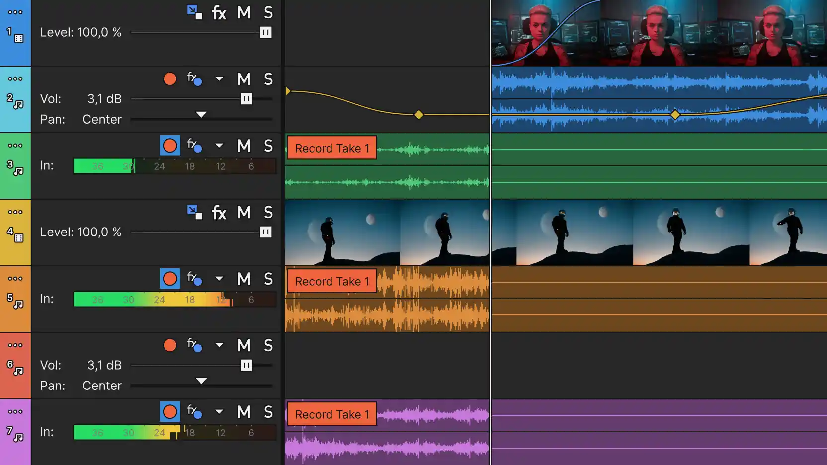 Vegas Pro multitrack timeline with colored audio waveforms, volume and pan controls, and video thumbnail tracks