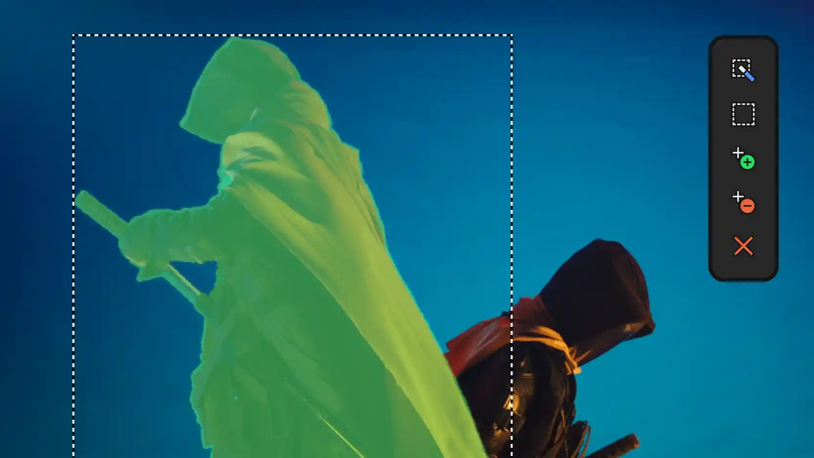 AI smart mask isolating a hooded figure with a green overlay against a blue sky, with the mask tool palette