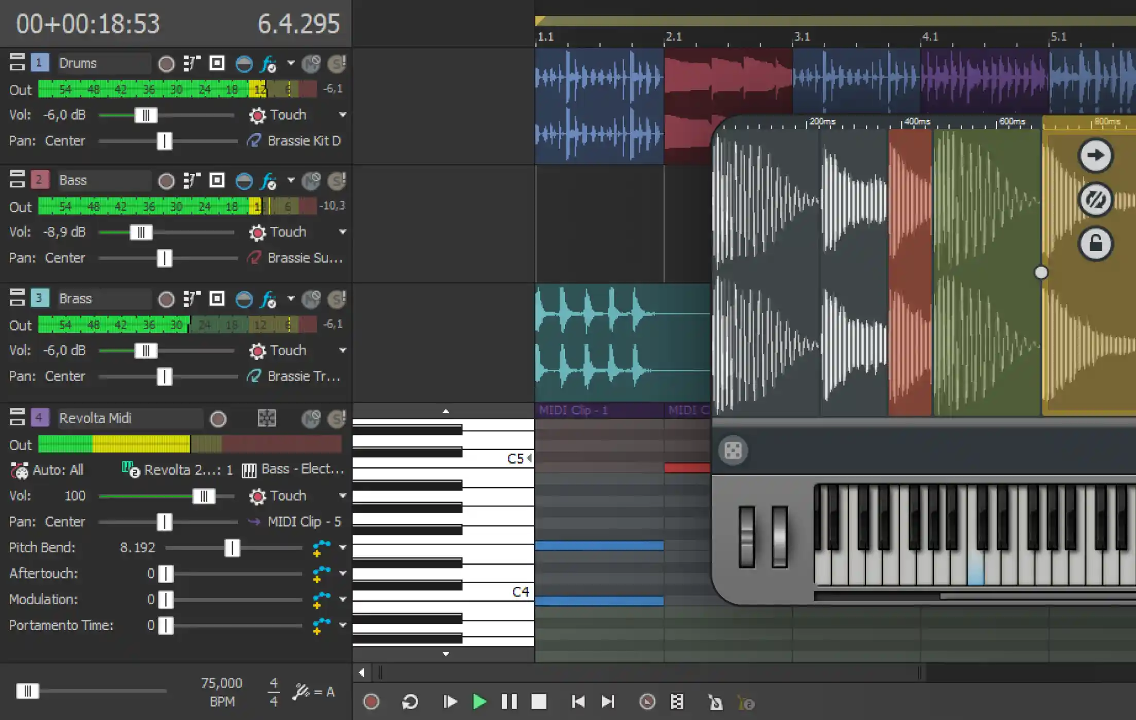Acid Pro multitrack arrangement with drum, bass and brass tracks, a piano roll and a virtual keyboard instrument.