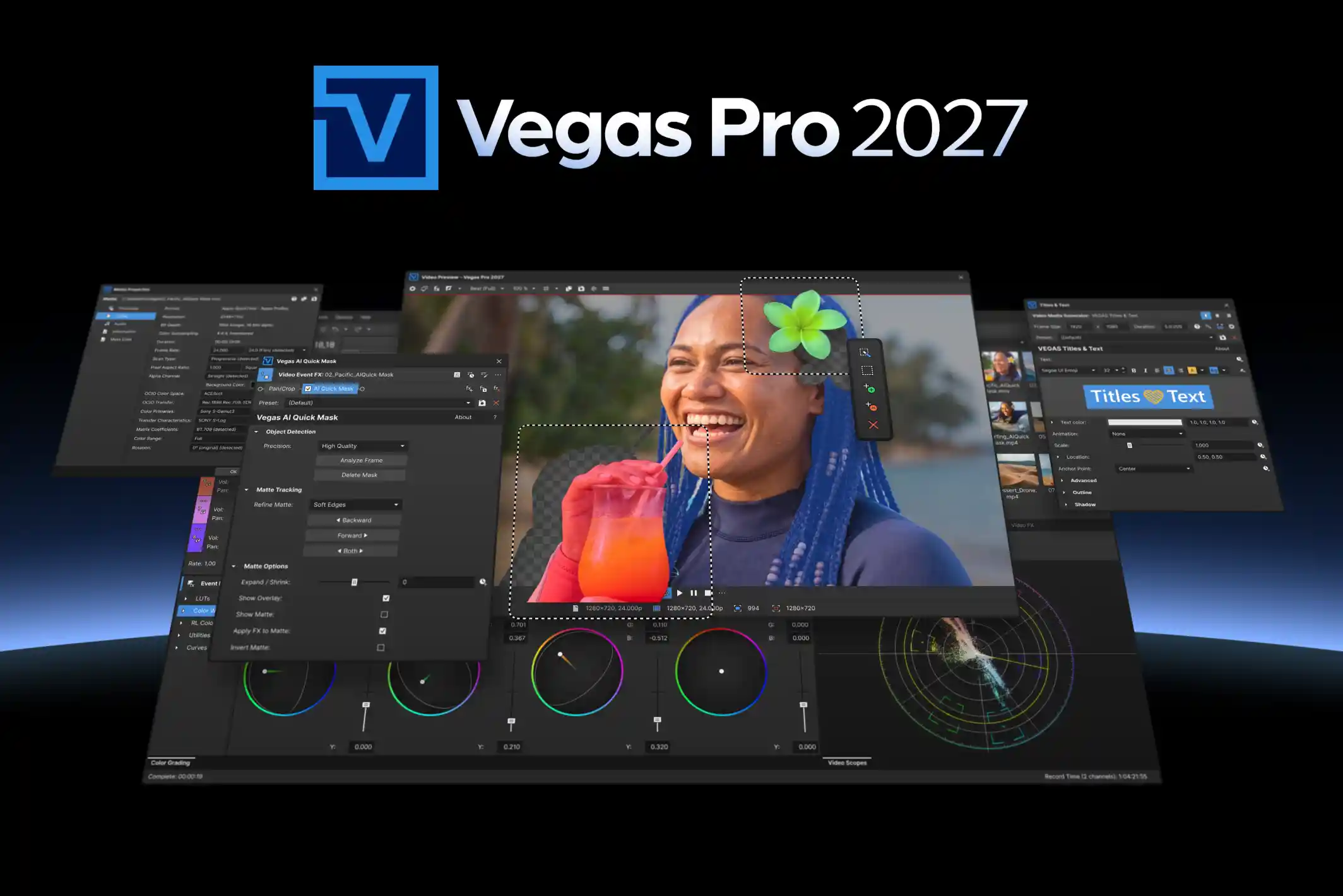 Vegas Pro 2027 Update title over a fanned Vegas Pro interface on a dark blue planet horizon.