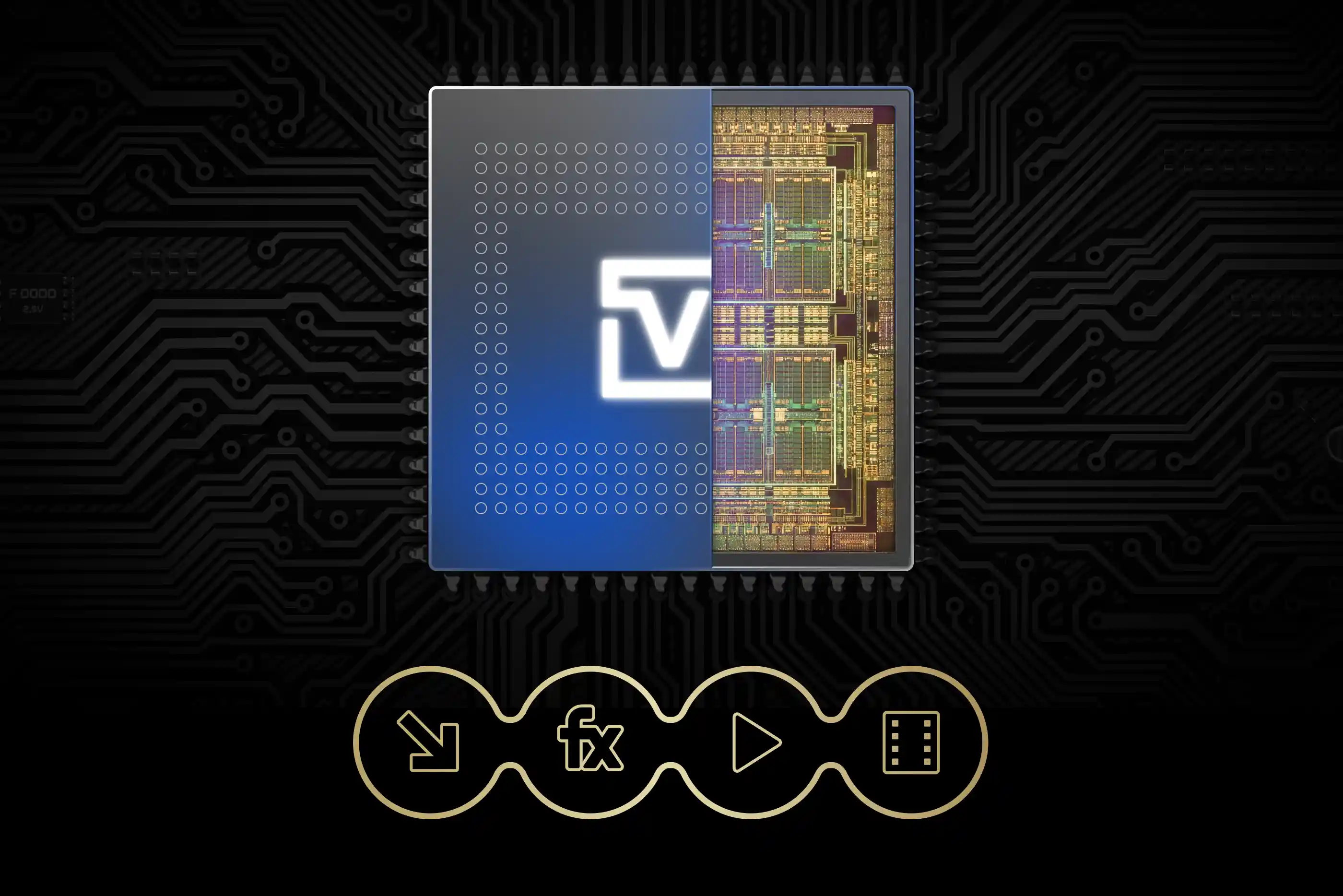Vegas chip on a circuit board above import, effects, playback and film icons, with the text Zero Copy Pipeline.