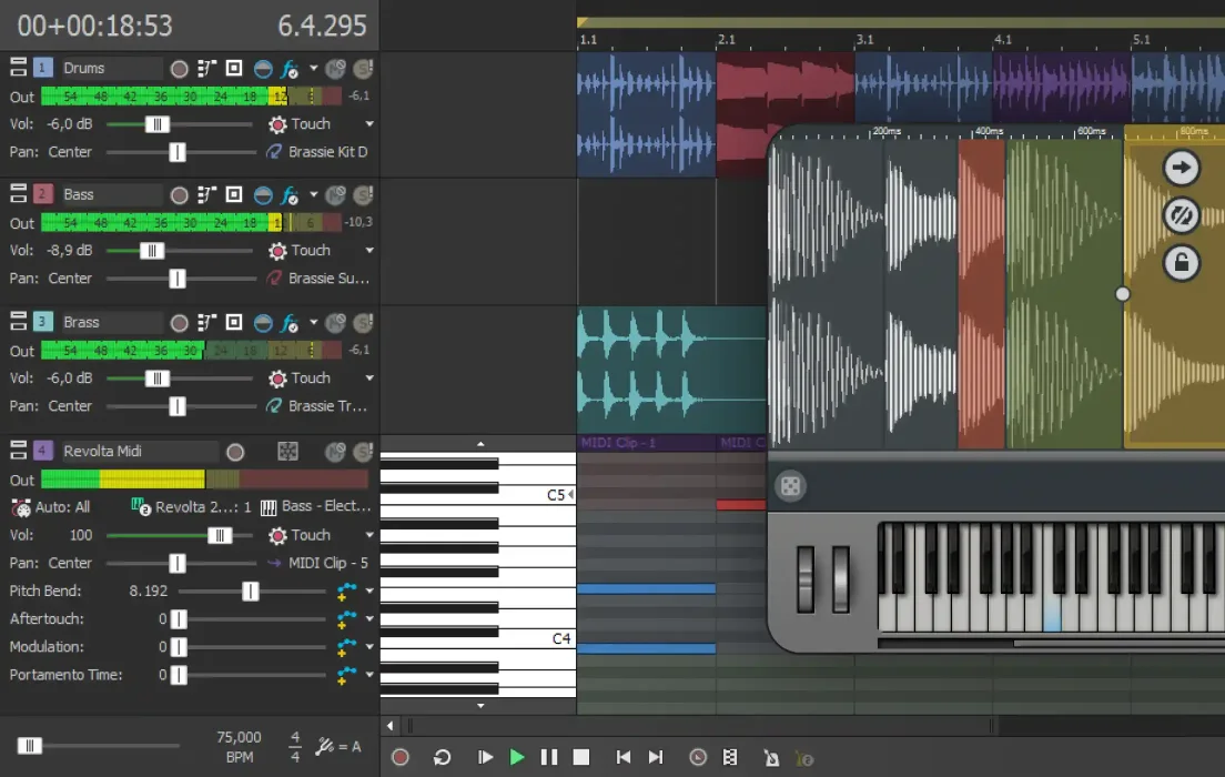 Acid Pro session with Drums, Bass, Brass and MIDI tracks, a piano roll, and a virtual keyboard instrument window