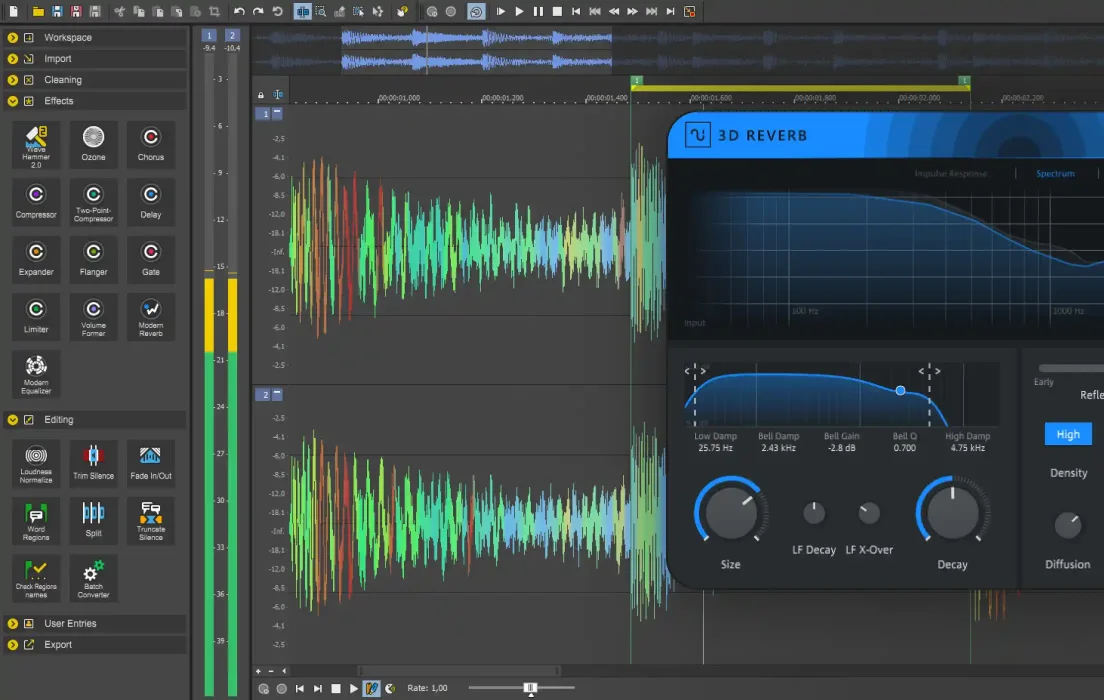 Sound Forge editor with colorful stereo waveforms, a panel of effects and editing tools, and the 3D Reverb plugin window open