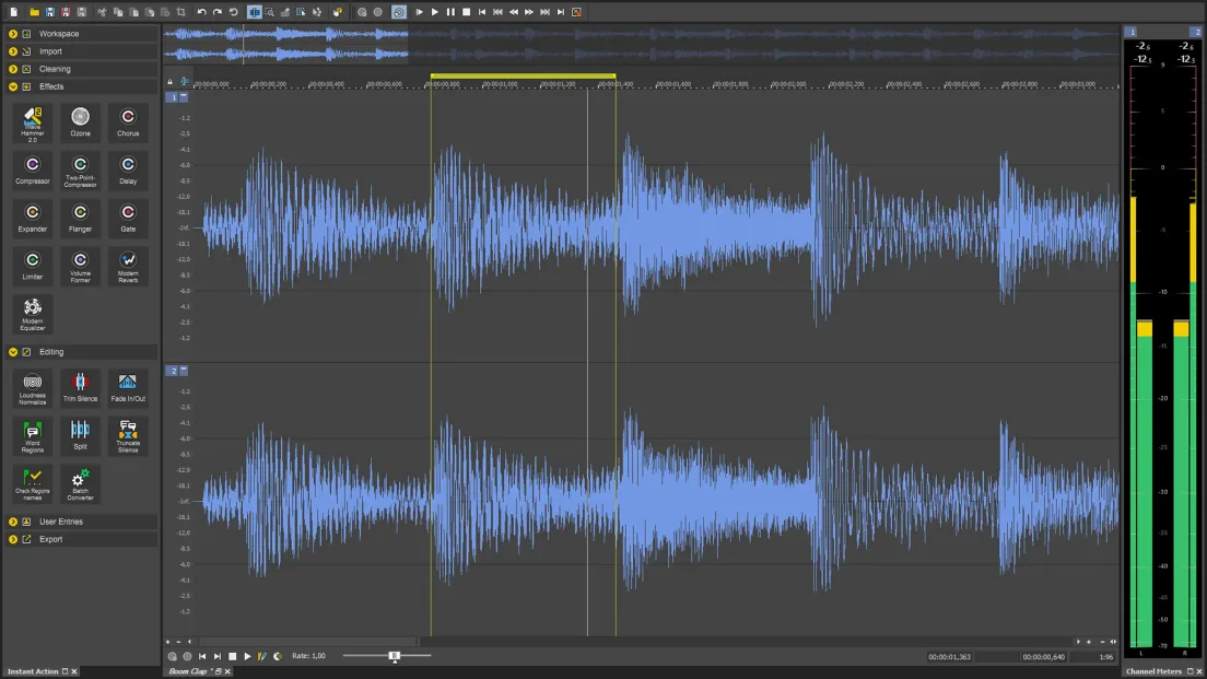 Sound Forge editor with colorful stereo waveforms, a panel of effects and editing tools, and the 3D Reverb plugin window open