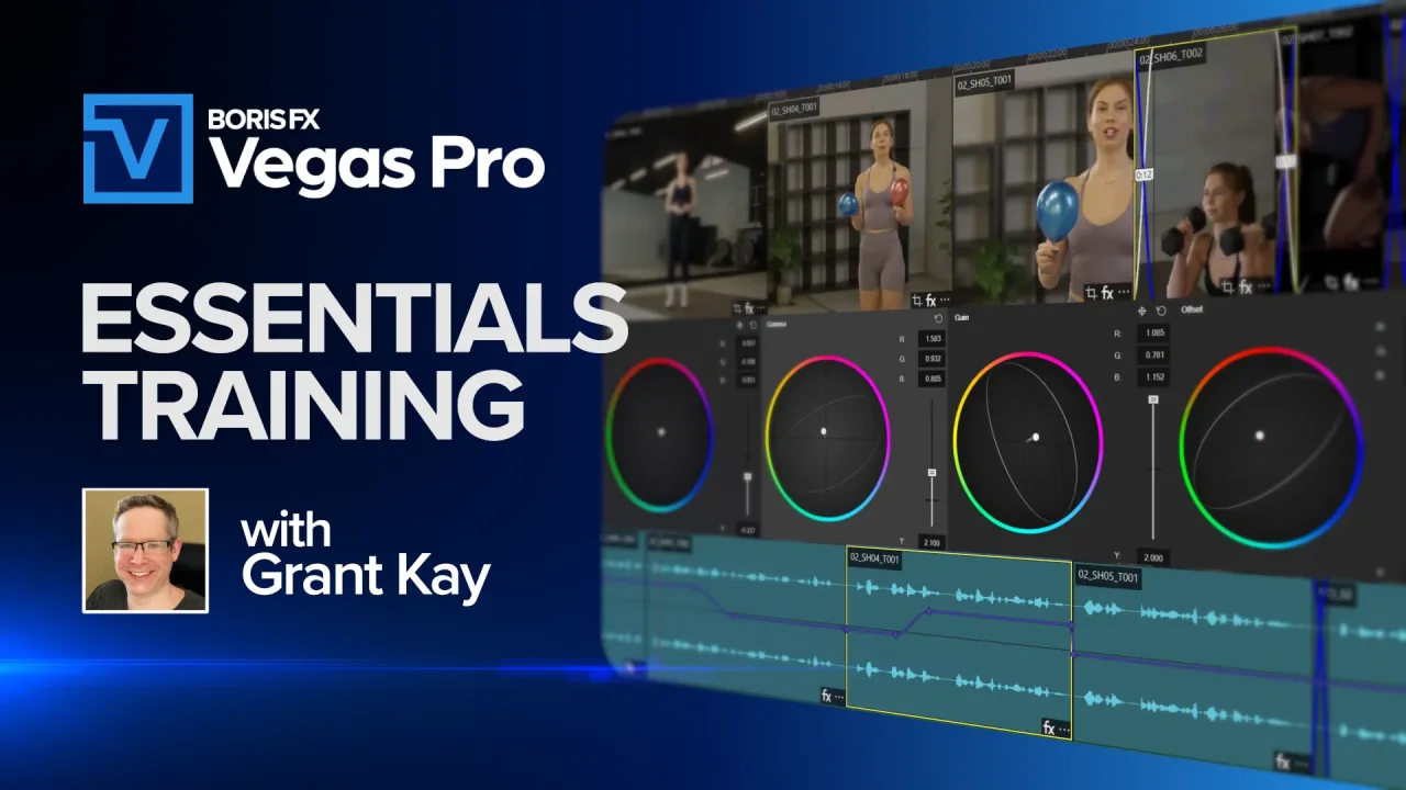 Vegas Pro Essentials Training with Grant Kay title card over Vegas Pro color wheels and timeline