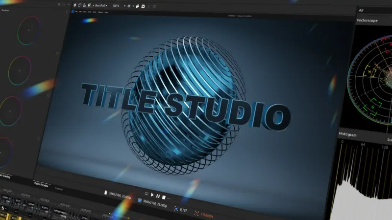 Title Studio interface in Vegas Pro showing a 3D Title Studio logo animation
